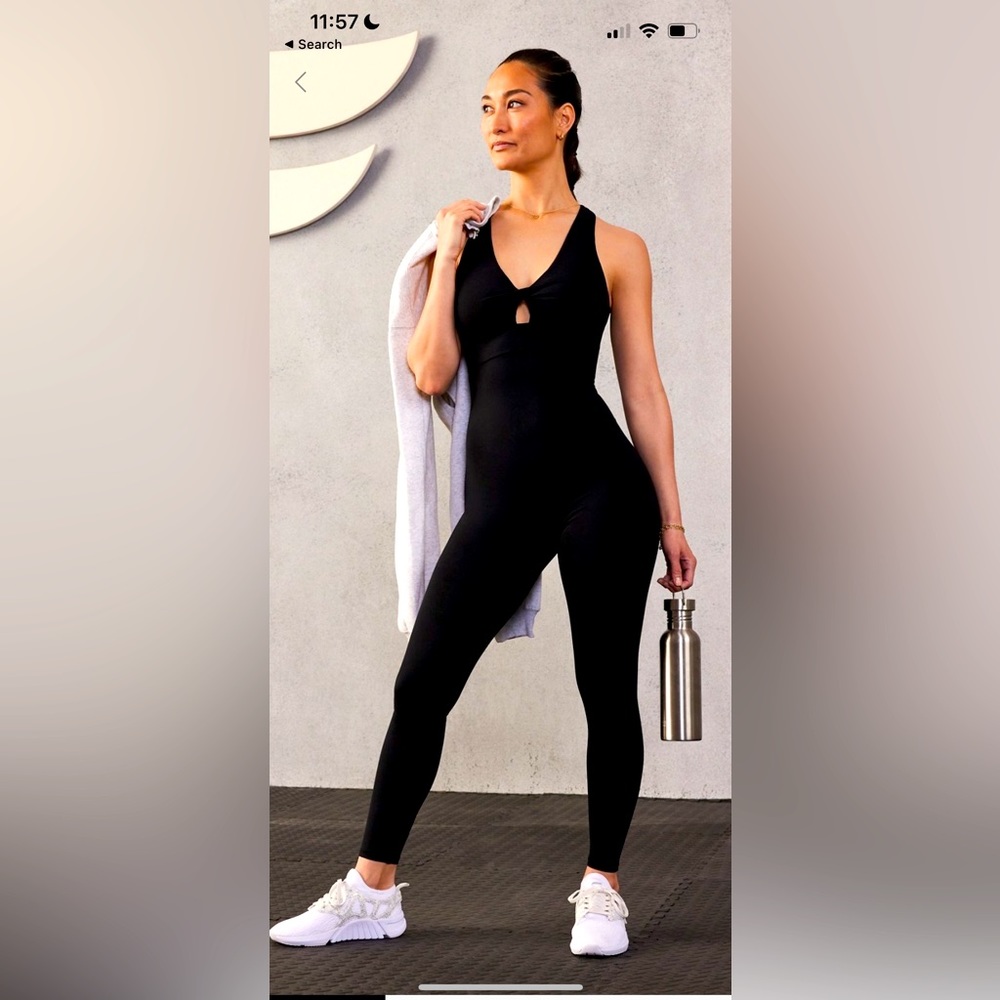 Black Fabletics yoga jumpsuit